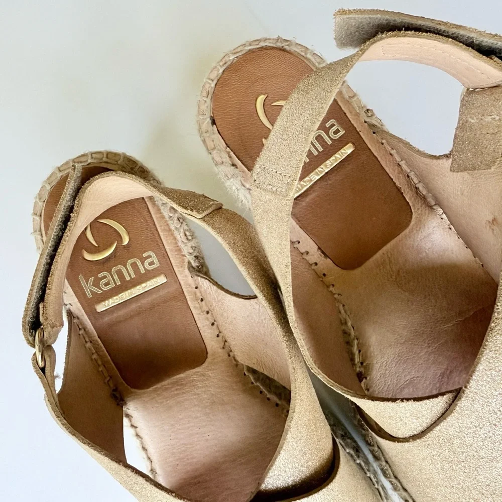Kanna Gold Metallic Nubuck Suede Crossover Platform Wedge Espadrille Sandal 8